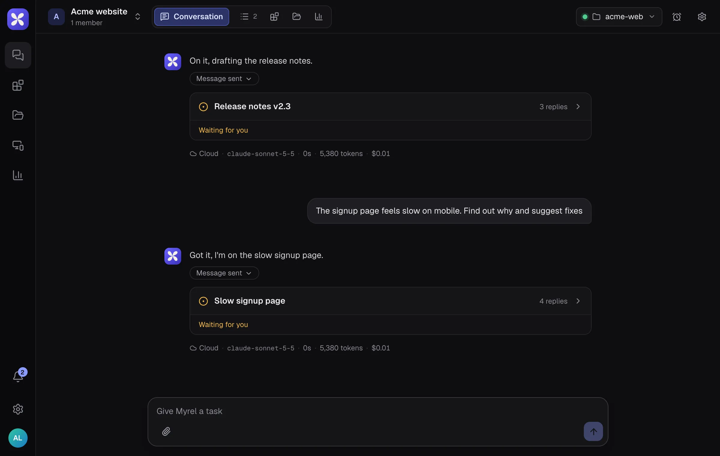 A project chat: each ask gets a short reply and a thread card