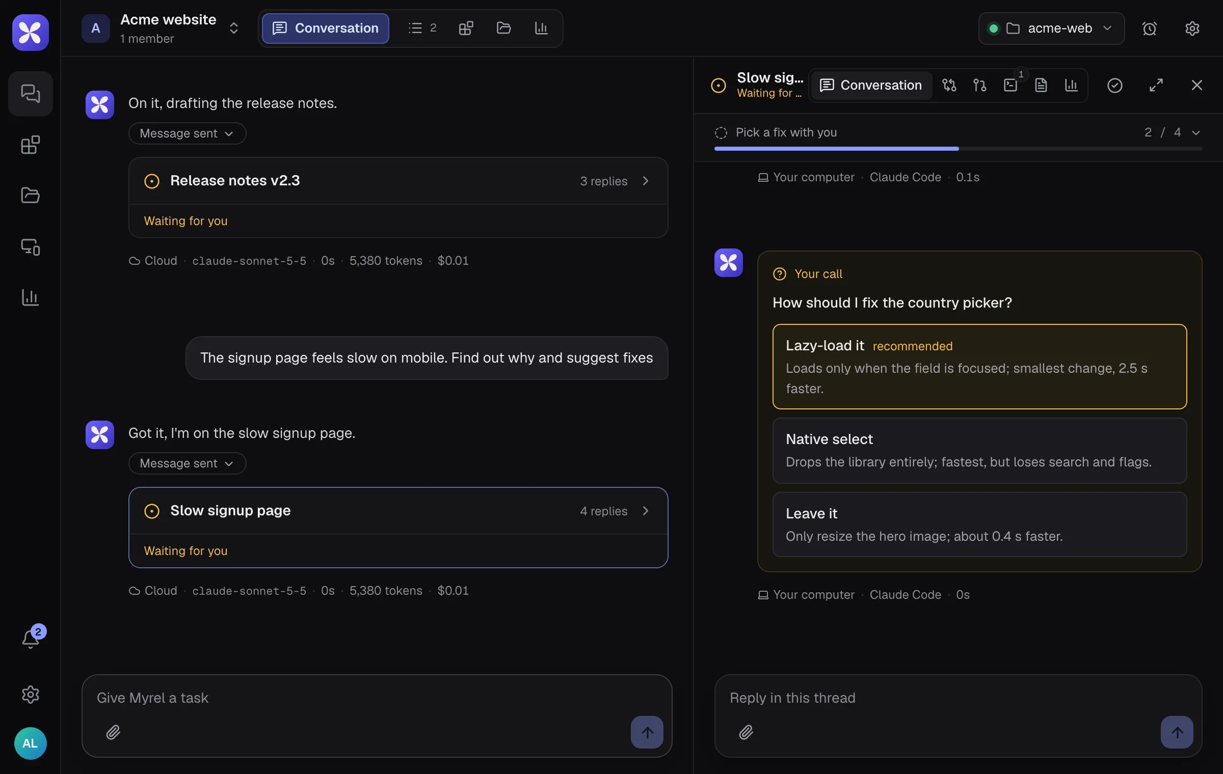 A thread open next to the chat, with its progress bar and a decision card